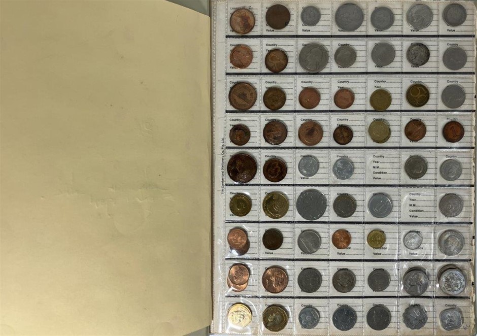 Approx 251 x World Coins in Blue Album Incl AU, NZ, USA etc. C. 1900s