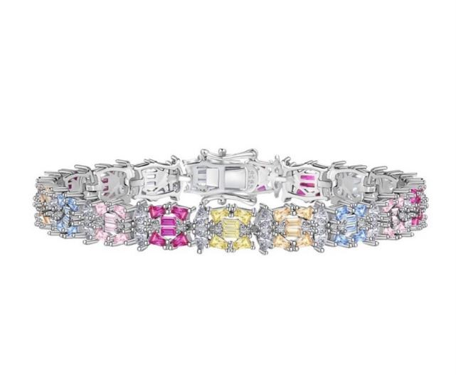 Multi Colour Simulated Diamonds 925 Sterling Silver Tennis Bracelet-16cm