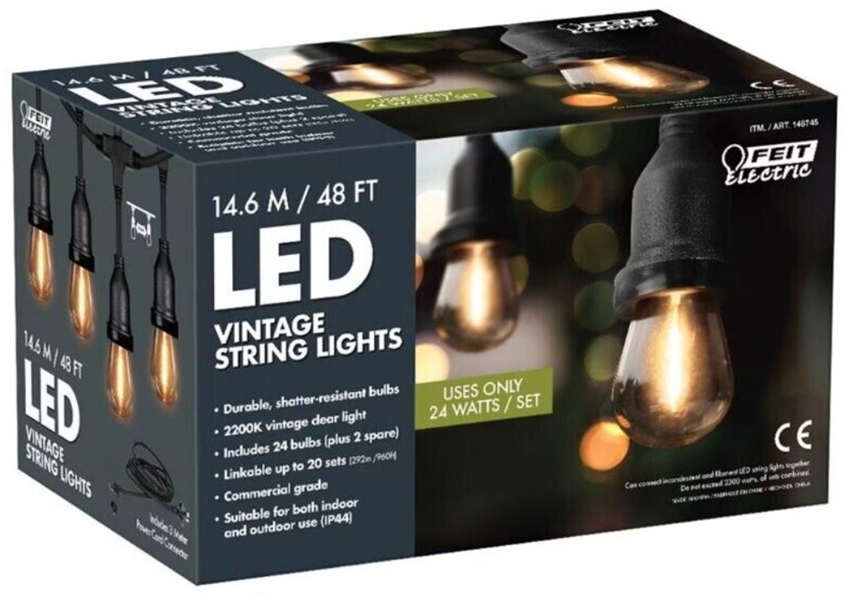 FEIT ELECTRIC LED Vintage String Lights, 14.6m/48ft 24 Sockets IP65 Indoor/