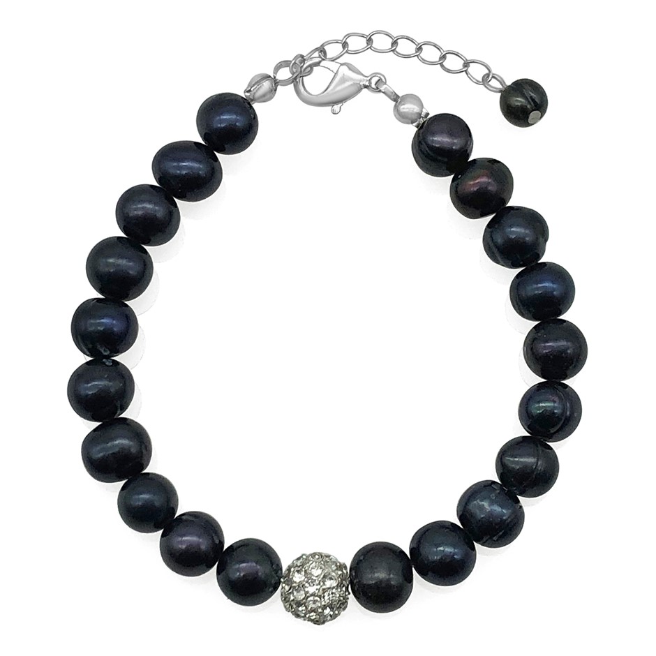 7-8mm Black Pearl & Rhinestone Real Platinum Plated Bracelet