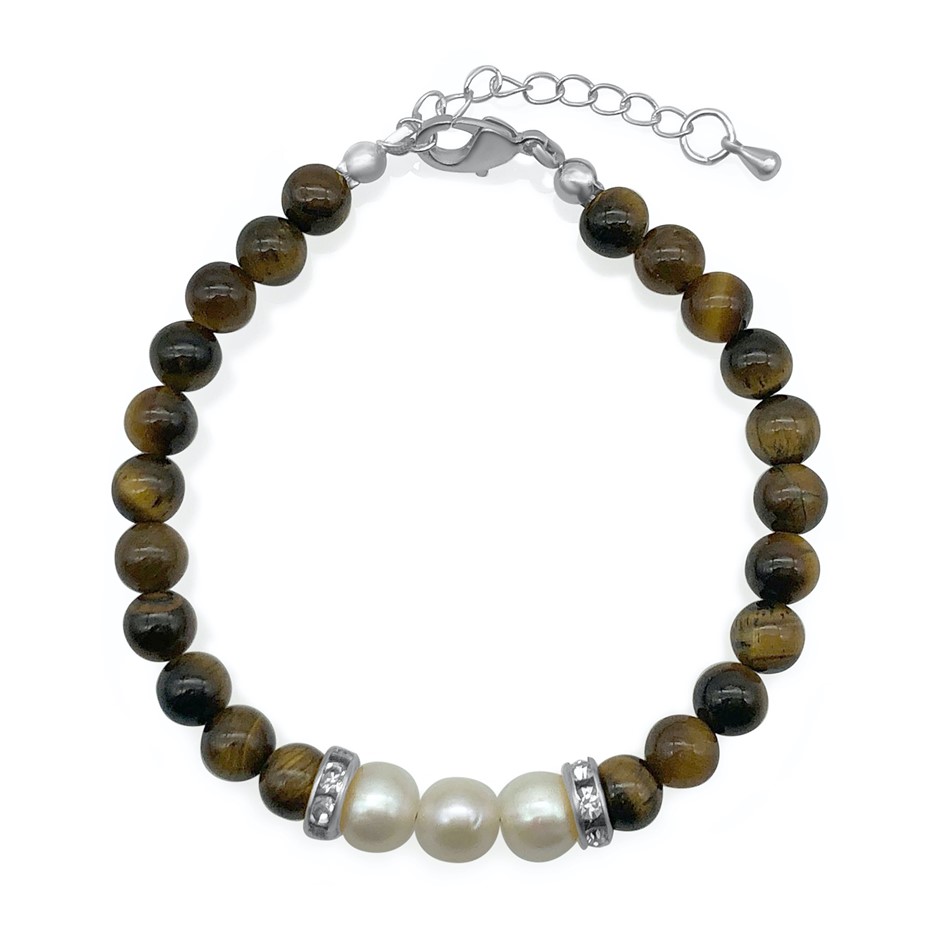 7-8mm Pearl & Tiger Eye with Real Platinum Plated Bracelet