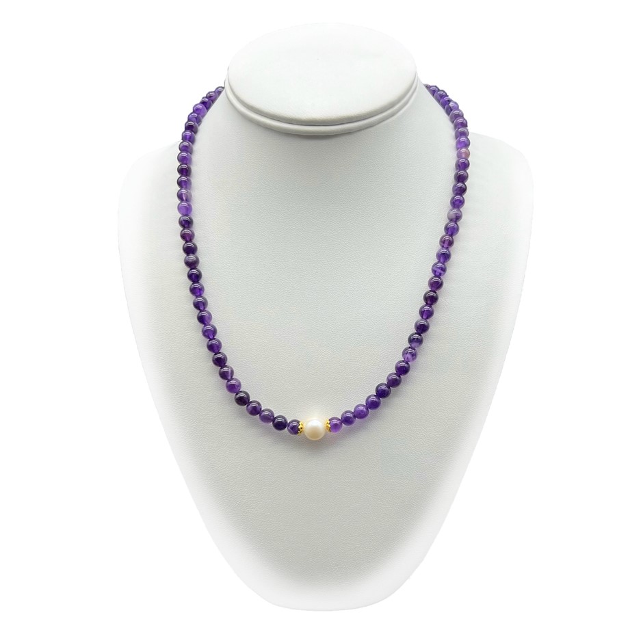 10mm White Pearls with Amethyst Gemstone Necklace