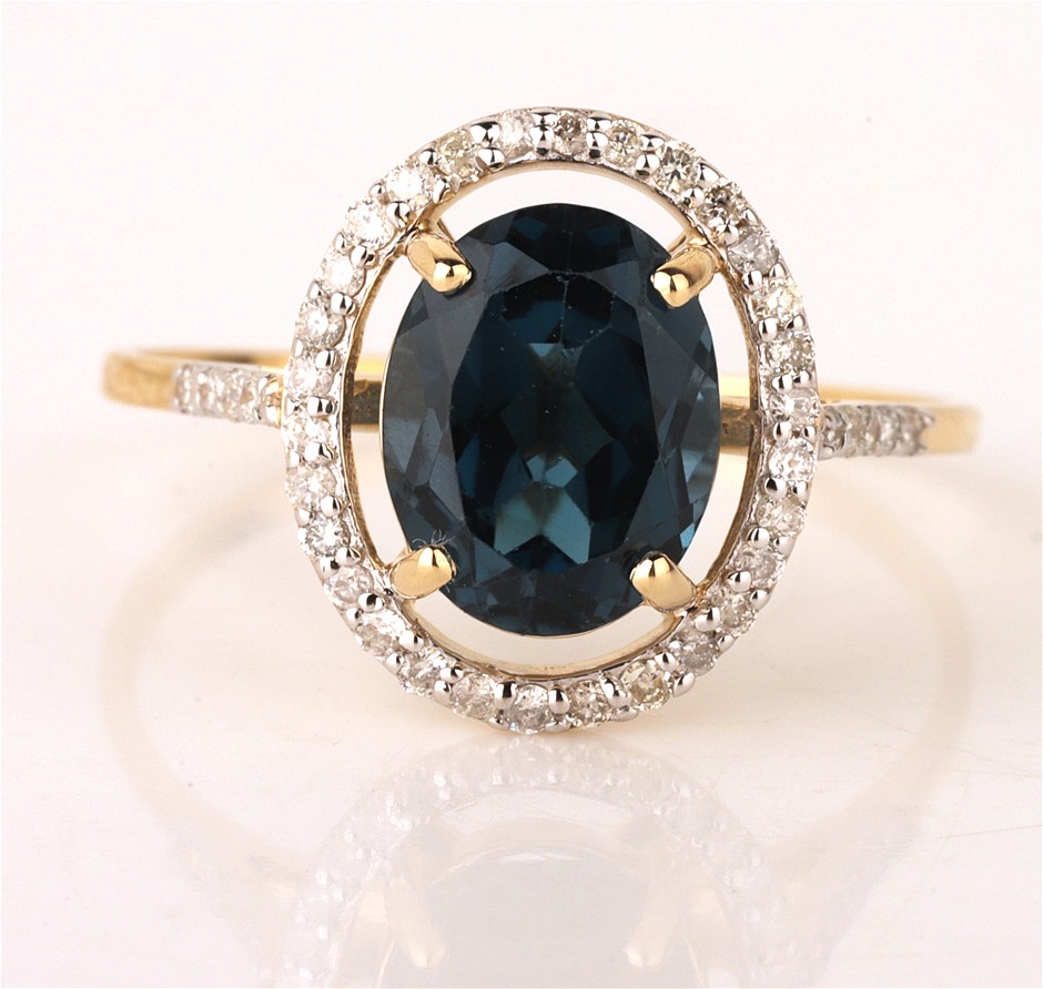 Yellow Gold Natural London Blue Topaz & Diamond Ring  with Valuation