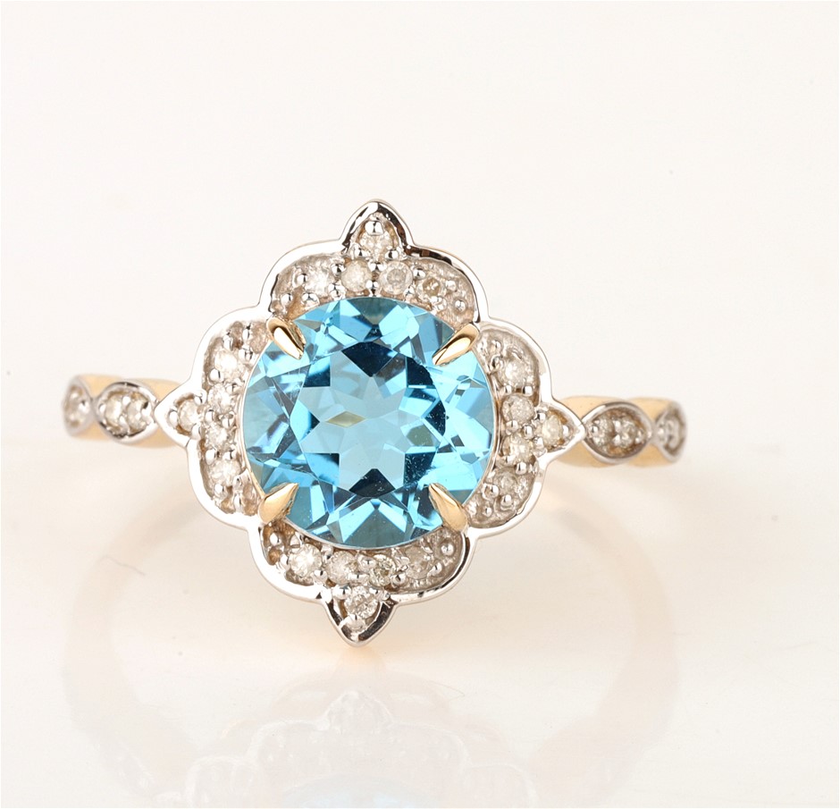 Yellow Gold Natural Swiss Blue Topaz & Diamond Ring with valuation