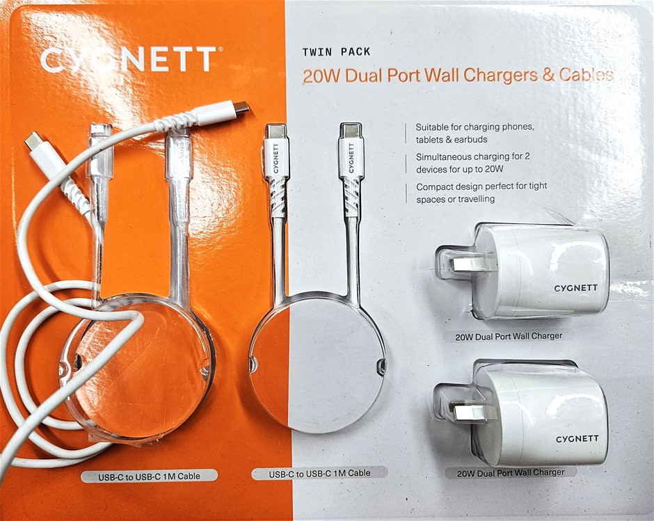 CYGNETT Twin Pack 20W Dual Port Wall Chargers & Cables, USB-C to USB-C 1M C