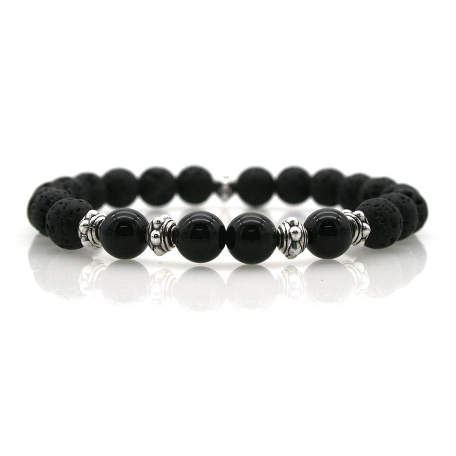 Men's 8mm Black Lava, Black Agate & Silver Beads Bracelet