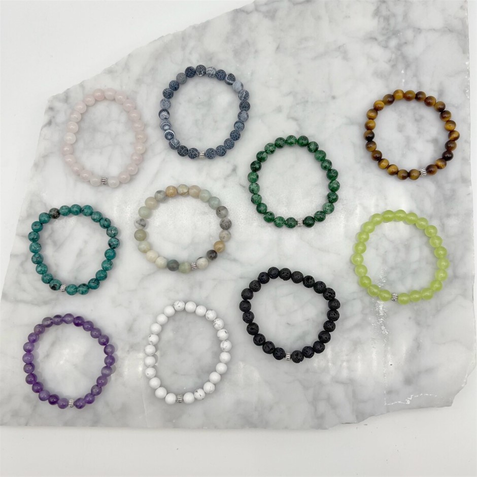 8mm Gemstone & Antique Spacer Stretch Beaded Bracelets - 10 Pcs