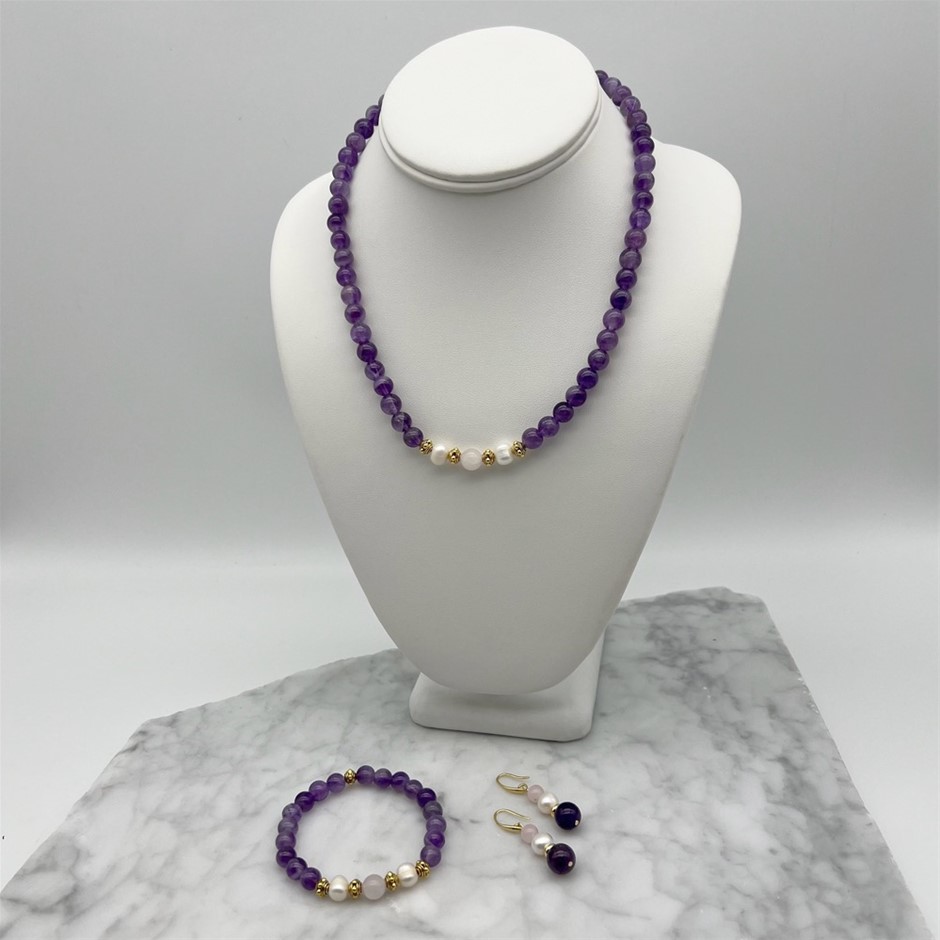 Amethyst, Rose Quartz, Freshwater Pearls & Antique Gold SpacersJewellery