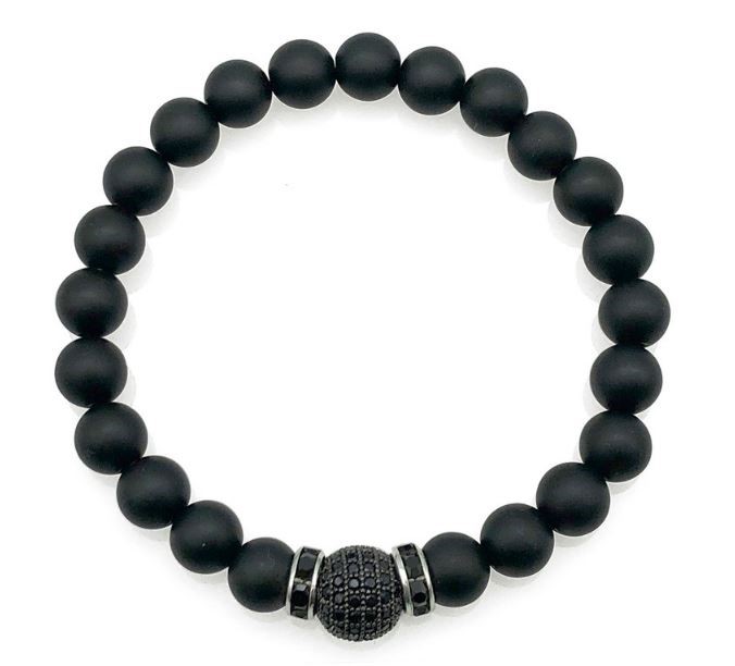 Men's 8mm Frosted Black Agate & Golden Rhinestone Beaded Gemstone Bracelet