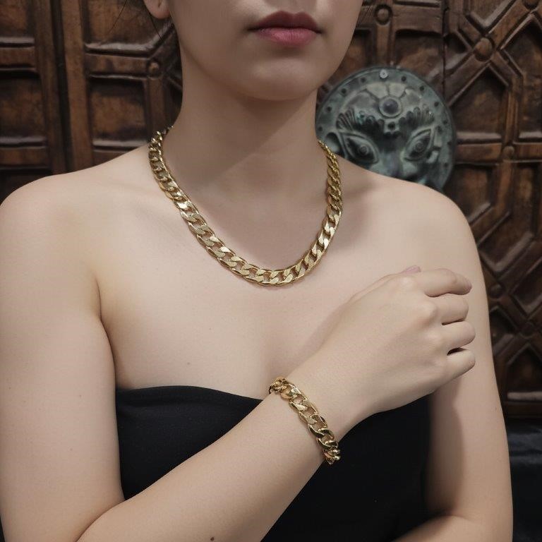 18K/Italy Stamped Set Solid Heavy Yellow Gold Filled Chain & Bracelet