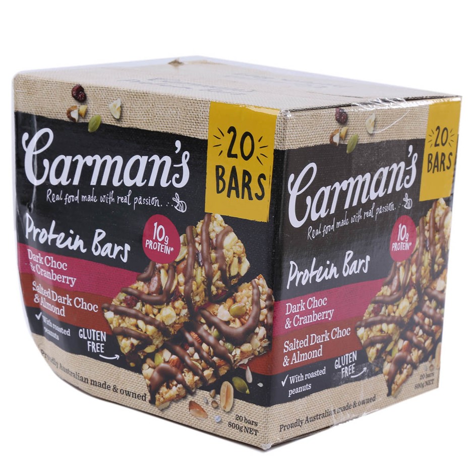 4 x CARMAN'S Pack of 20pc Protein Bars, Dark Choc/Cranberry & Salted Dark C