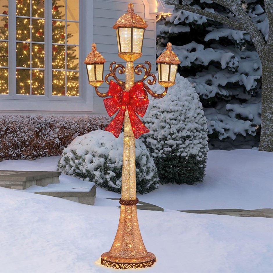 ELITE SELECT 3 Lantern Head and 1 Red Bow Lamp Post with 220 LED Lights Chr