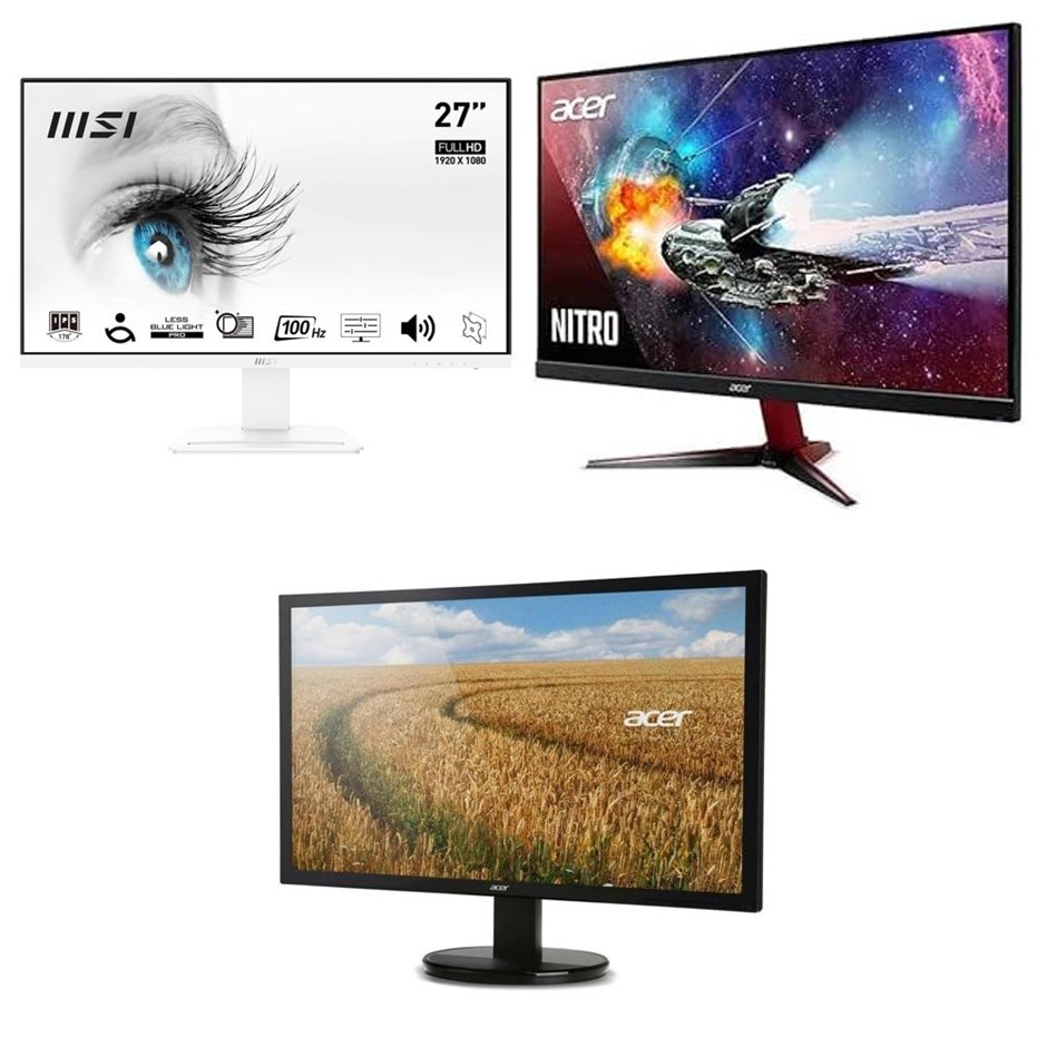 3 × Assorted Monitors. Incl: 1 × MSI PRO MP273AW 27' FHD IPS Monitor, 1 × A