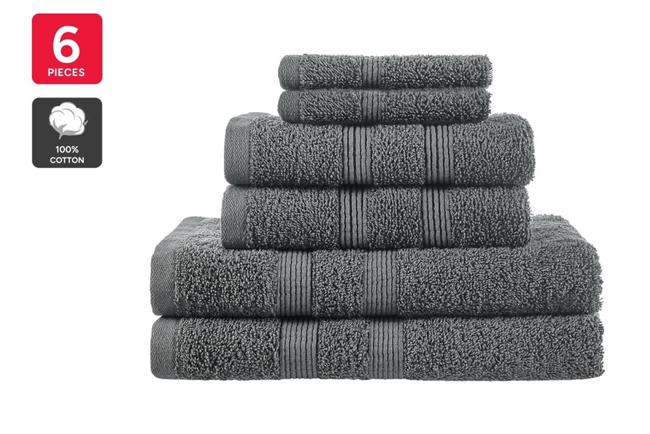 OVELA Avalon 6 Piece 100% Cotton Towel Set (Charcoal) - 2 bath towels, 2 ha