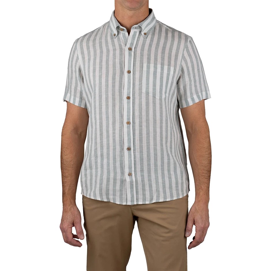 TAILOR VINTAGE Men's S/S Shirt, Size M, 100% Linen, Chinois Green Bold Stri