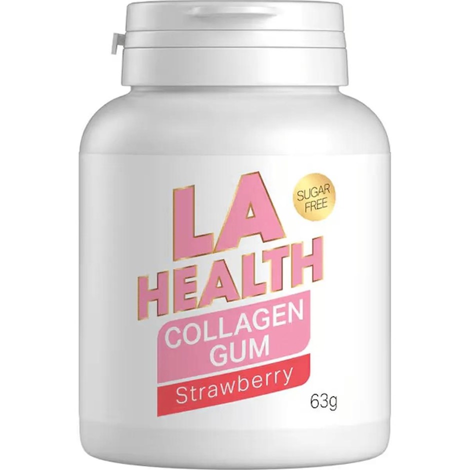 22 x LA HEALTH Collagen Sugar-Free Gum, 63g, Strawberry. Buyers Note - Dis