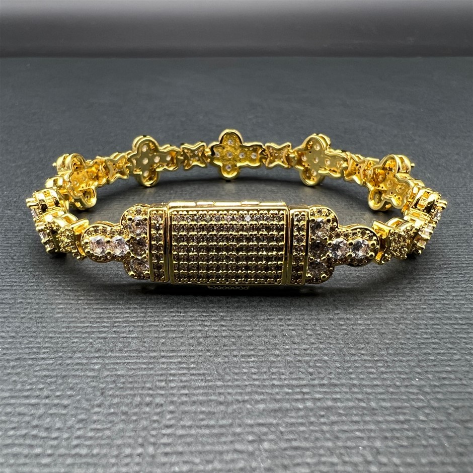 18K Gold-Filled Cross & Flower Bracelet with Simulated Diamonds - 22.8cm