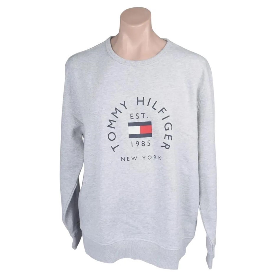 TOMMY HILFIGER Men's Flag Arch Crewneck, Size 2XL, 72% Cotton, BC16 Grey He