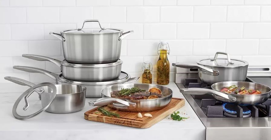 CALPHALON 12pc Stainless Steel Cookware Set. NB: Damaged packaging.