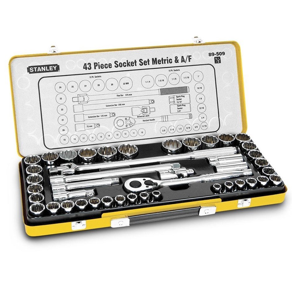 STANLEY 43pc 1/2" Drive Metric/AF Socket Set. Includes: Metric Sockets: 10,