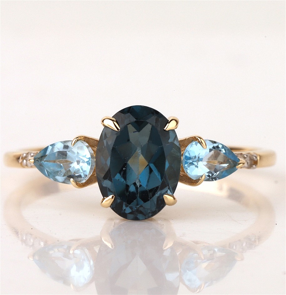 Yellow Gold Natural London Blue Topaz & Diamond Ring with Valuation