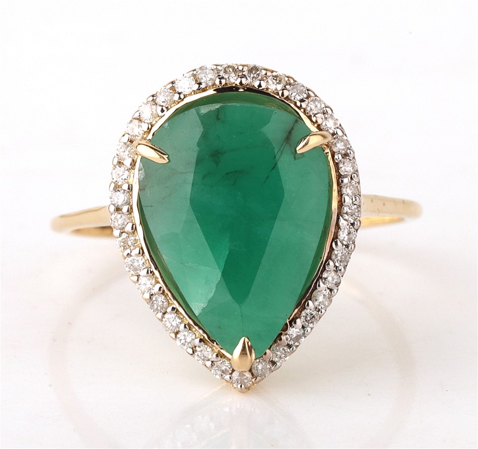 Yellow Gold Natural Emerald & Diamond Ring with Valuation