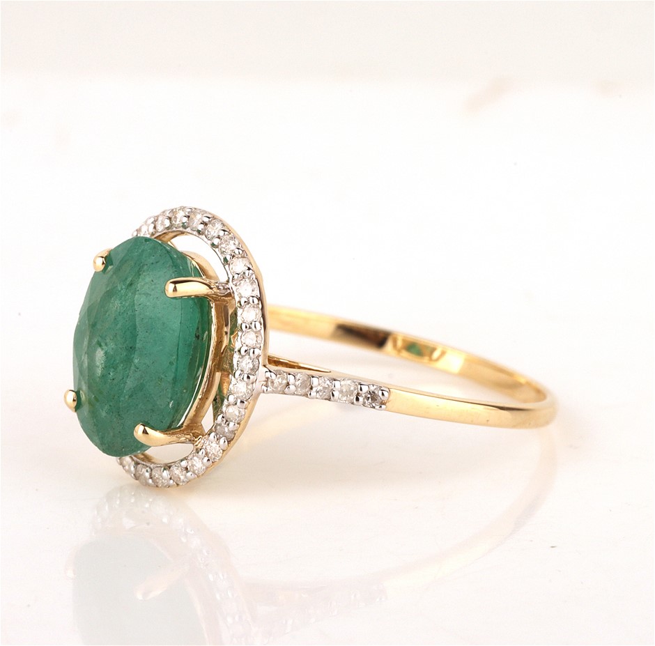 Yellow Gold Natural Emerald & Diamond Ring with Valuation