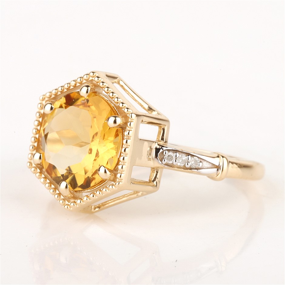 Yellow Gold Natural Citrine & Diamond Ring with Valuation