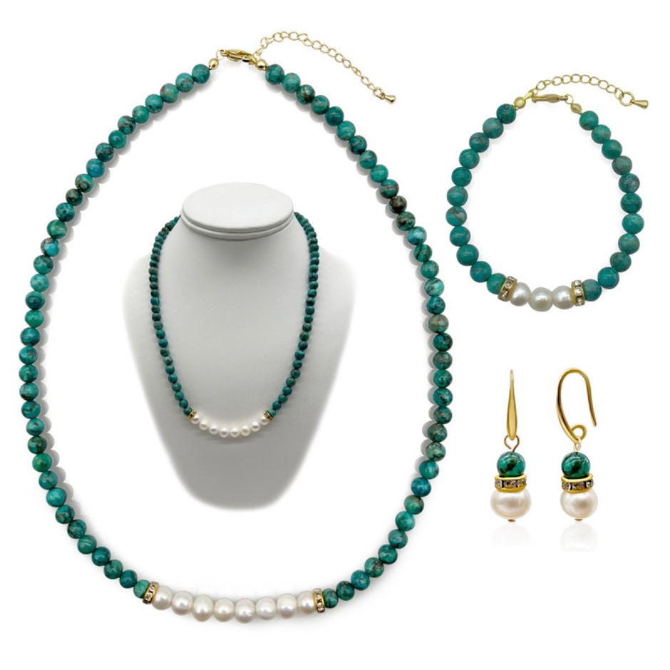 7-8mm Pearl & African Jasper 'Turquoise' Real 18k Gold Plated Jewellery Set
