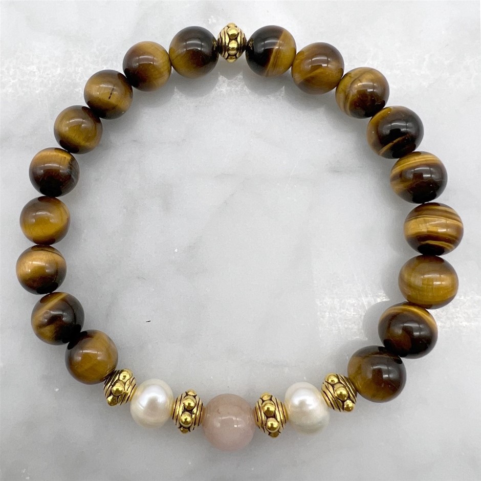 Tiger Eye , Cherry Blossom Jasper, Pearls & Antique Gold Bracelet