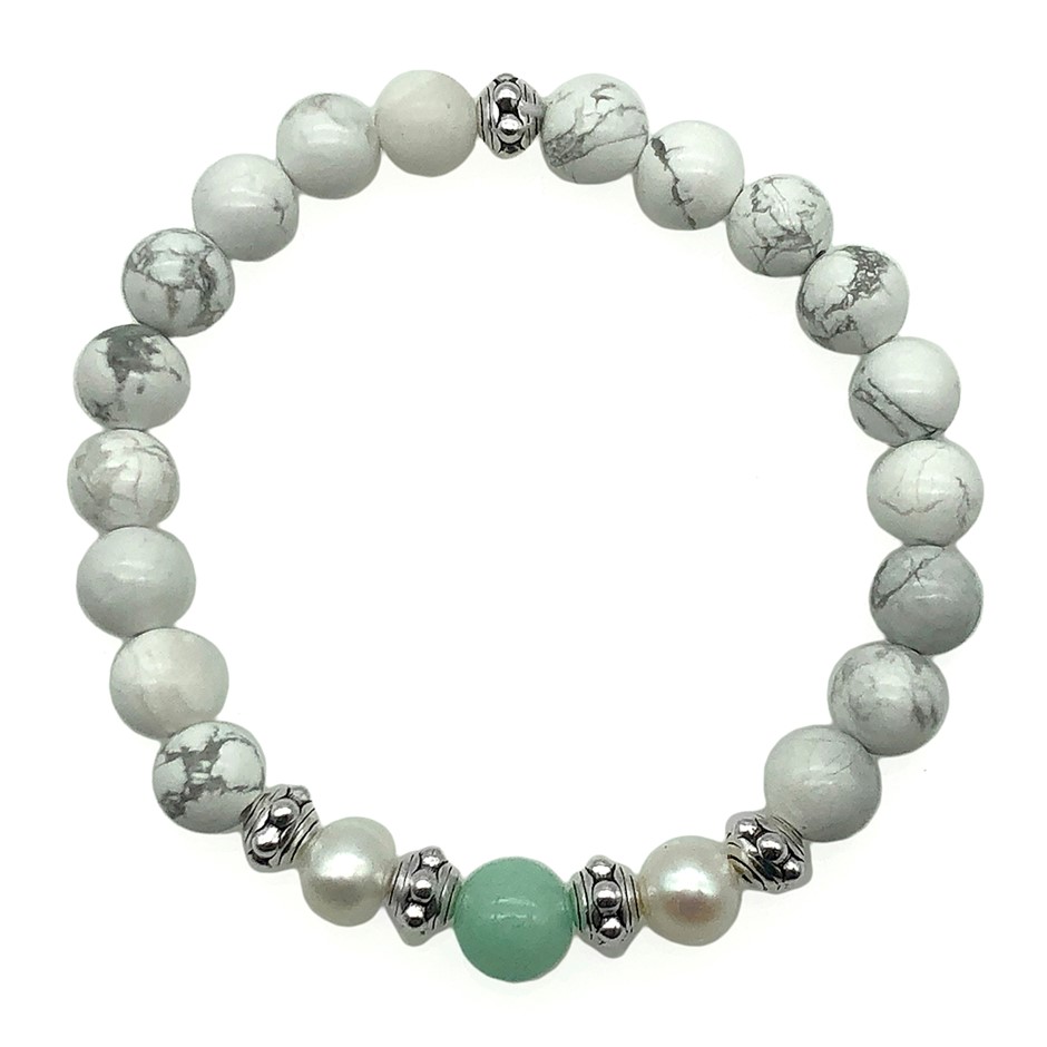 Howlite , Malaysia 'Jade' Quartz & Pearls Stretchy Bracelet