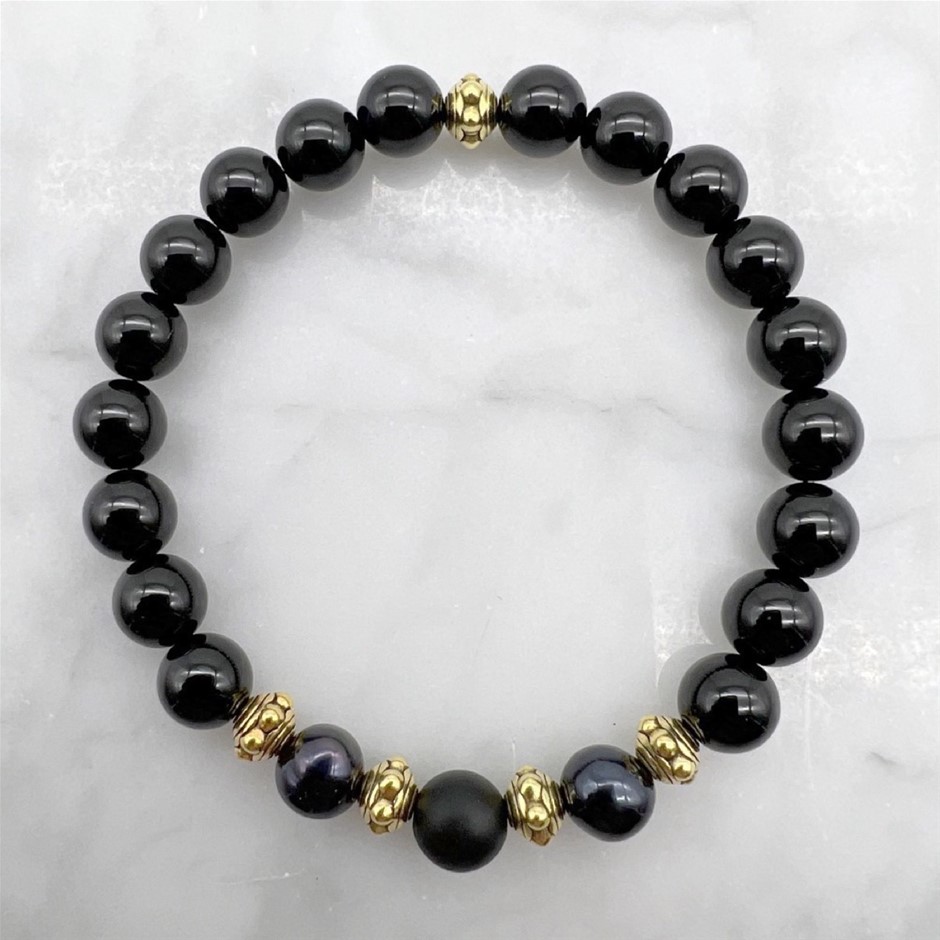 8mm Black Agate, Frosted Agate, Pearls & Antique Gold Bracelet