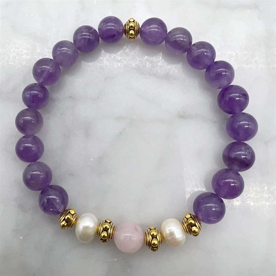 Amethyst, Rose Quartz, Pearls & Antique Gold Bracelet