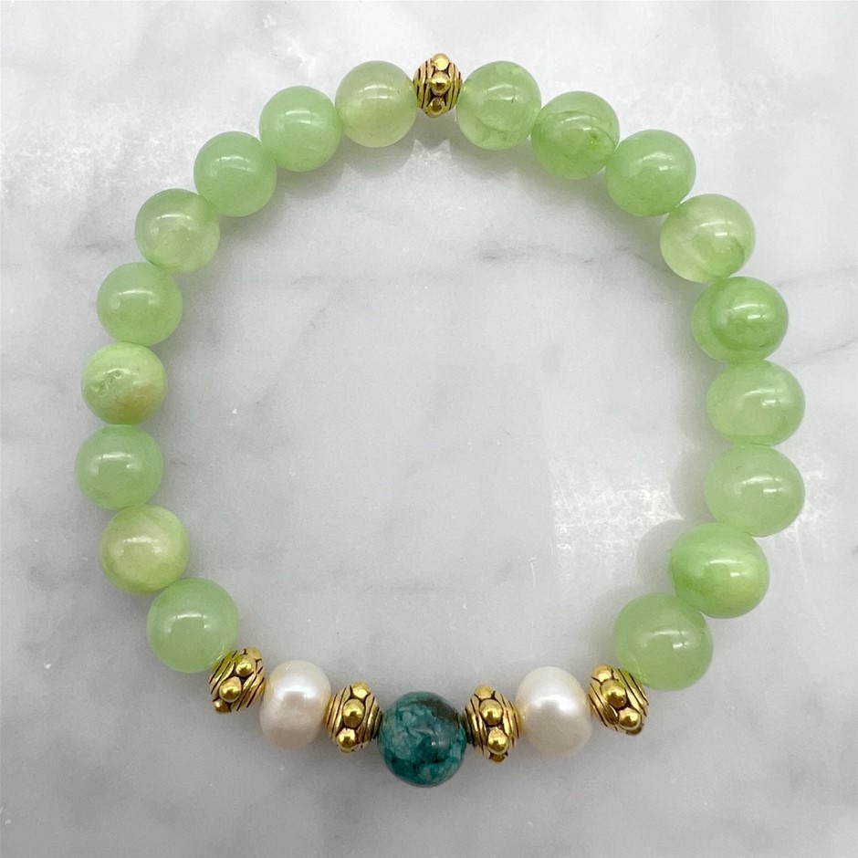 Flower Jade, African Jasper 'Turquoise', & Antique Gold Bracelet