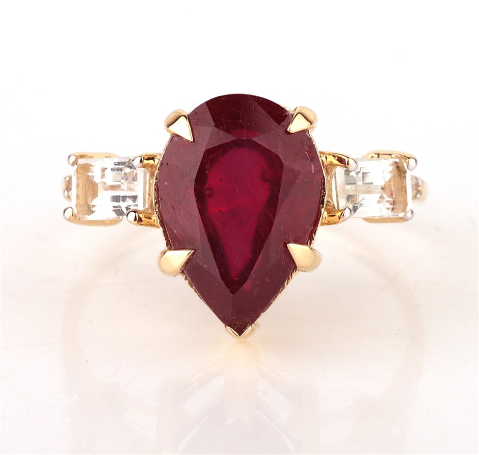 Yellow Gold Natural Ruby & Diamond Ring with Valuation