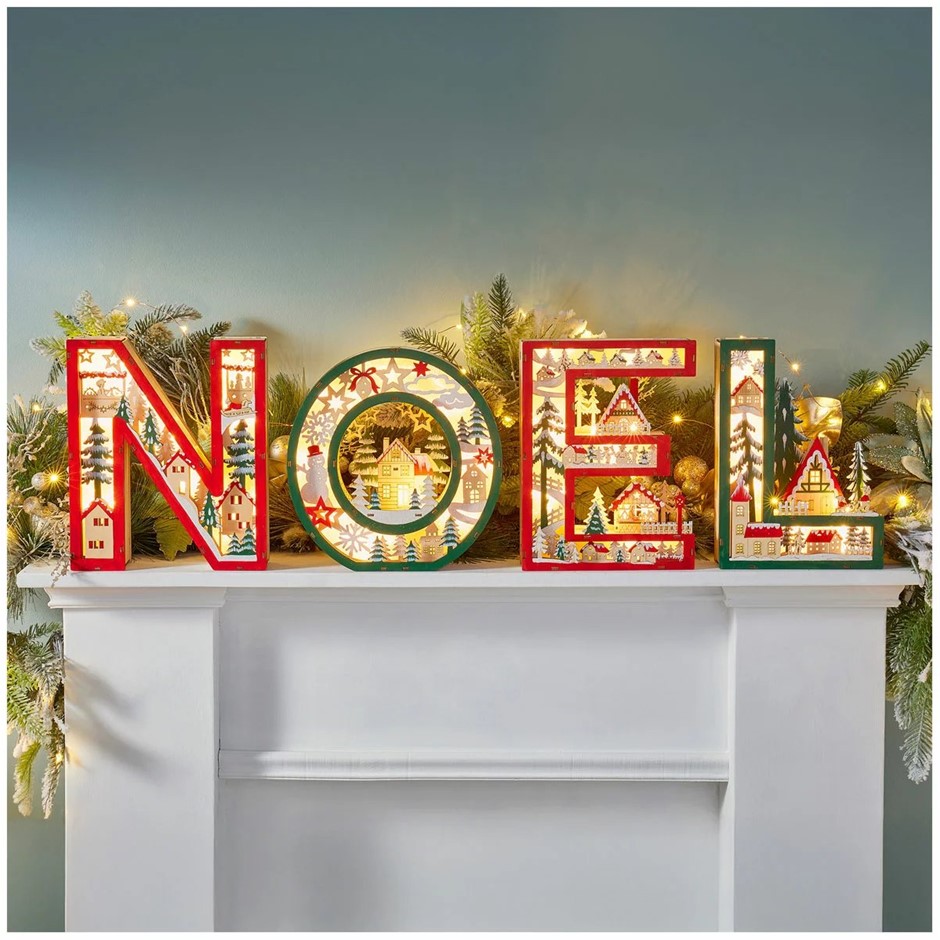 NOEL Wooden Letters With Light Up Festive Scene Set Of 4