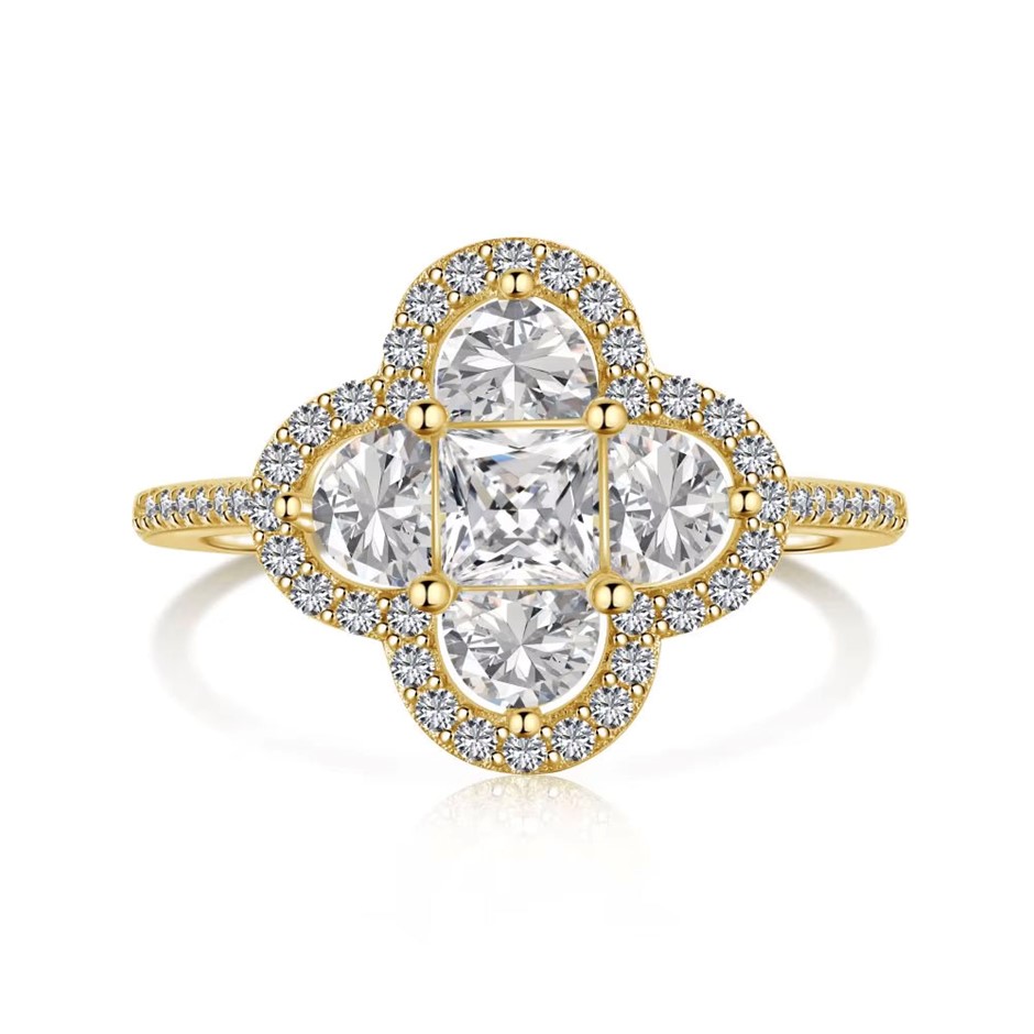 Clover Style Simulated Diamond 18K Gold Filled 925 Silver Ring - Size 8