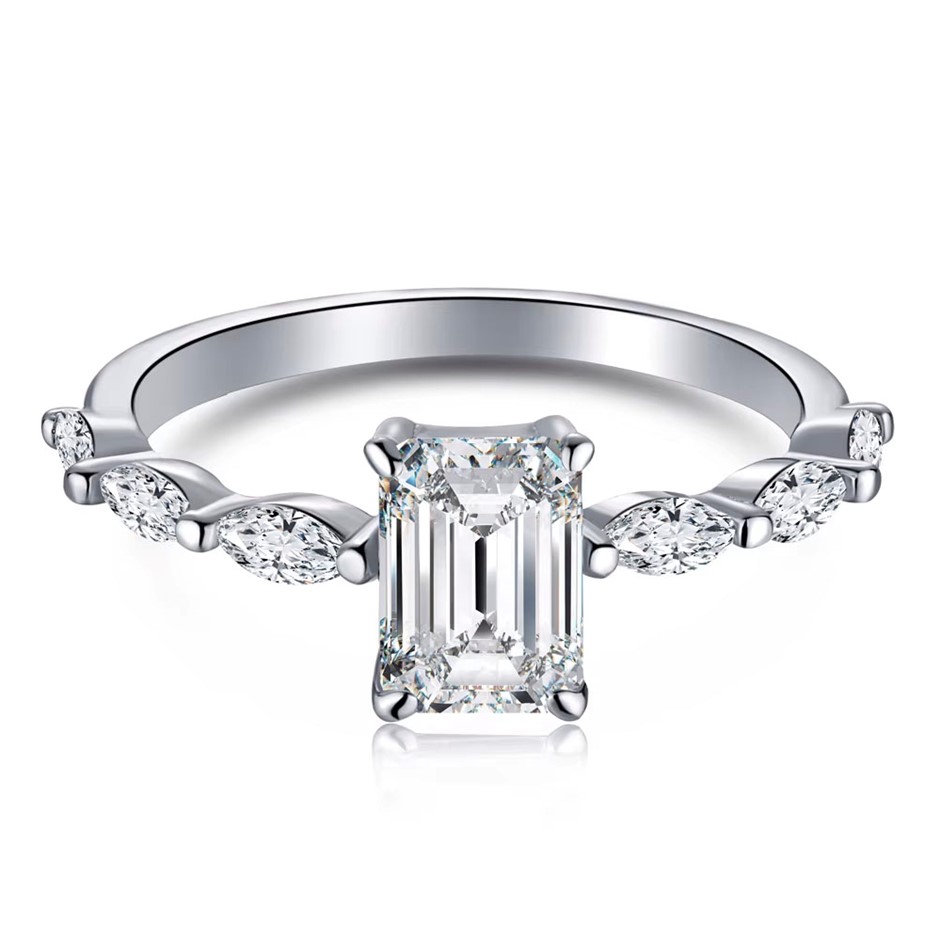 1.0ct Rectangle GRA Certified Moissanite 925 Sterling Silver Ring - Size 5