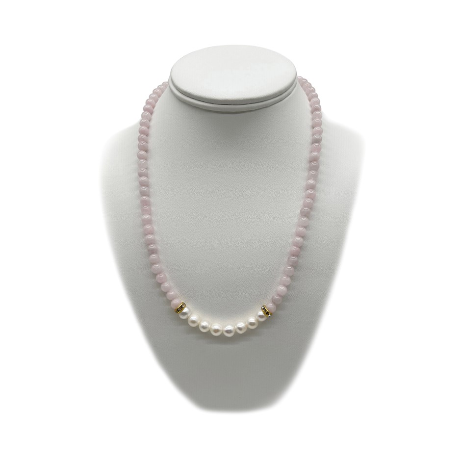 7-8mm Pearl & Rose Quartz with Real 18k Gold Plated Necklace