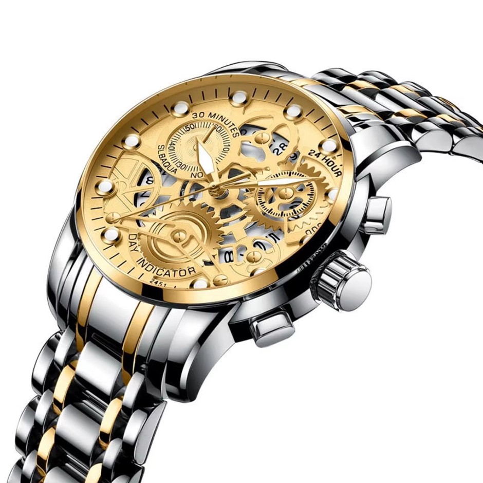 Men's Quartz Watch, Skeleton Design & Mechanical Style, Silver/Gold