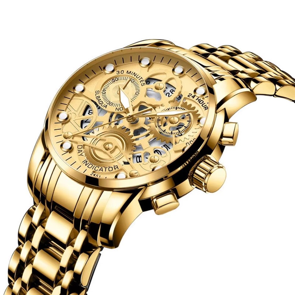 Men's Quartz Watch, Skeleton Design & Mechanical Style, Gold