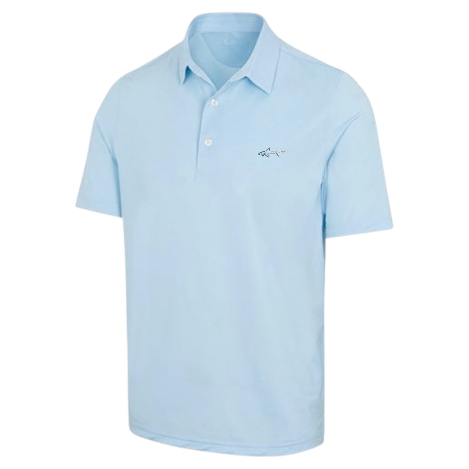 GREG NORMAN Men's Polo, Size L, 100% Polyester, Blue Haze. NB: 2x minor fib