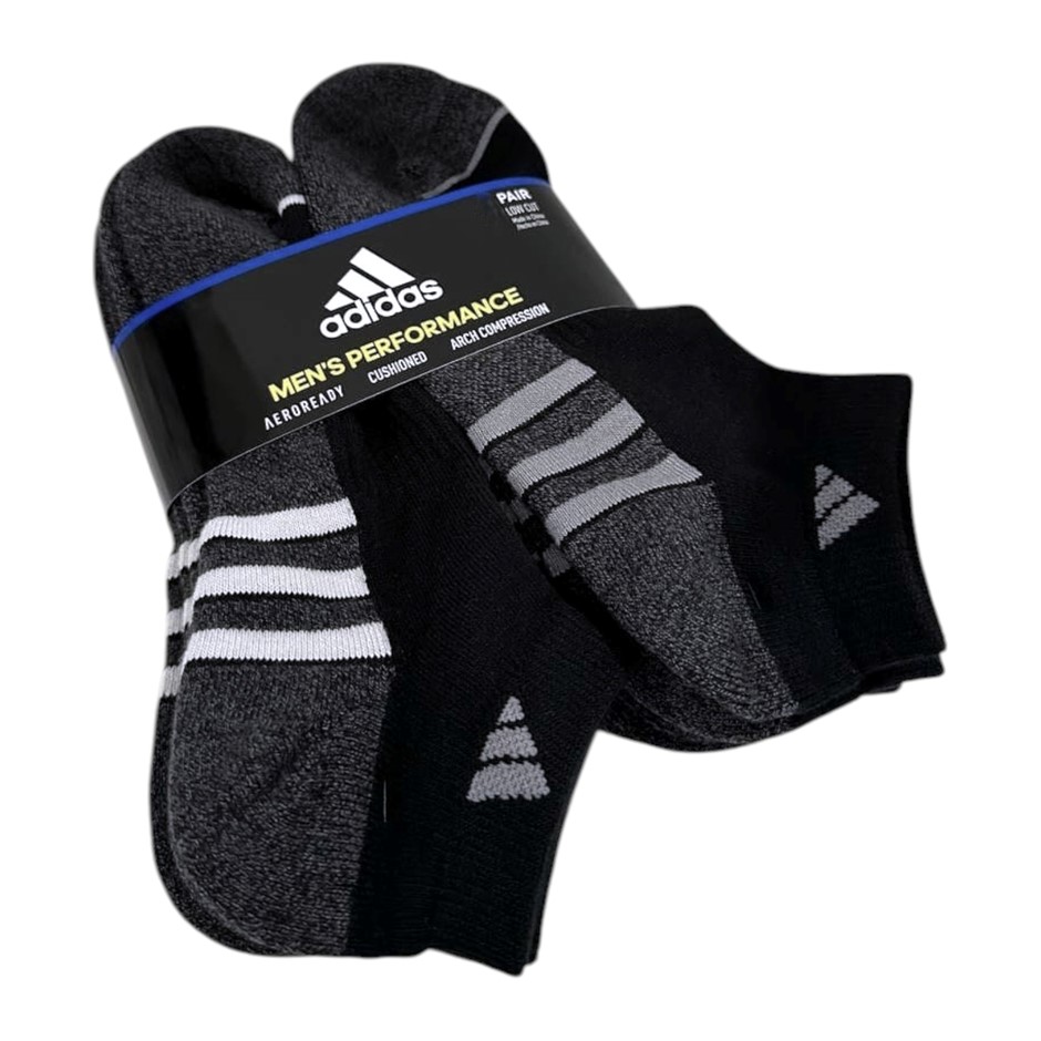 6 Pairs x ADIDAS Men's Low Cut Socks, Shoe Size 6-12, Black Combo.