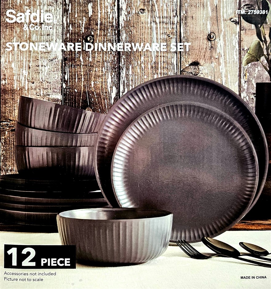 SAFDIE & CO INC 12-Piece Stoneware Dinnerware Set, Dark Grey Charcoal. NB: