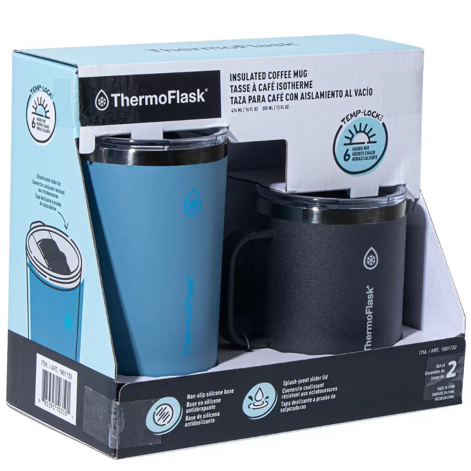 THERMOFLASK Insulated Coffee Mugs, 2-Piece Set, Black & Blue. NB: Colours m