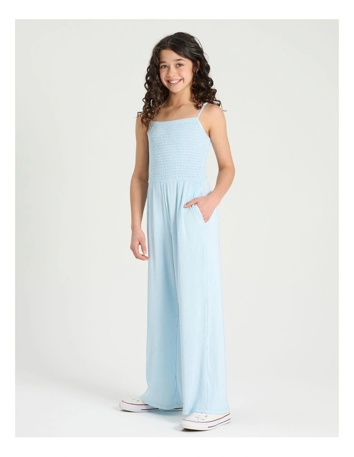 TILII Shirred Crinkle Knit Jumpsuit w/ Pockets. Size 9. Light Blue. NB: may