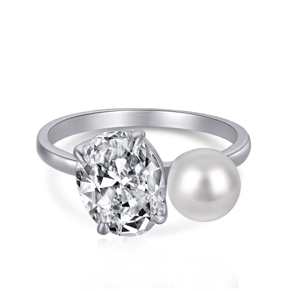 4ct Oval Cut Simulated Diamond & Shell Pearl 925 Silver Ring - Size 6