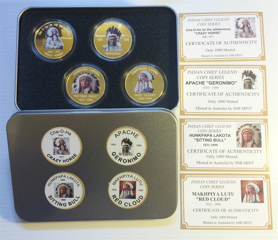 Indian Chief Series Set of 4 x 1 Oz Coins Finished in 999 24k Gold
