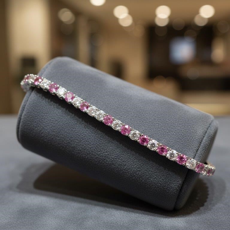 GRA Moissanite white Brilliant Cut 925 Silver Tennis Bracelet-Pink & White