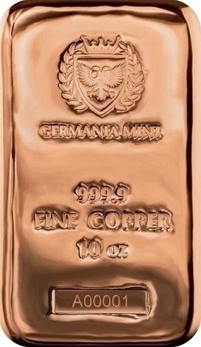 Germania Mint -10Oz Cu 999.9 Cast Bar-Investment Grade